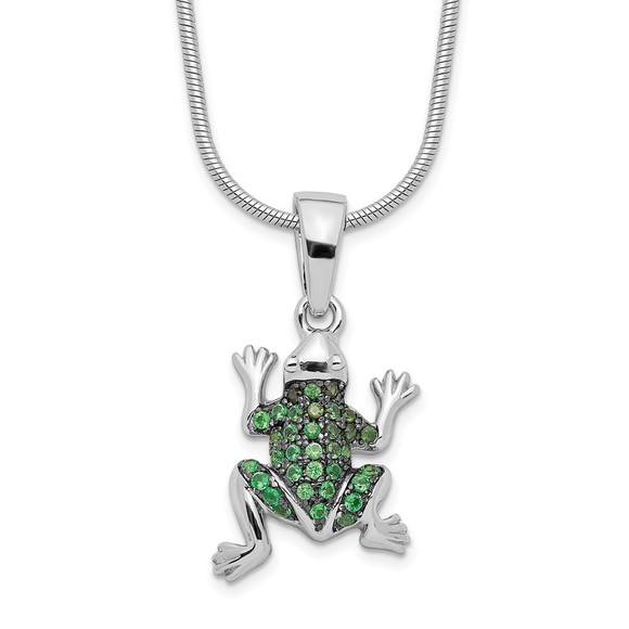 925 Sterling Silver Micro Paved Green CZ Frog Charm Pendant Necklace 18" Len - Picture 2 of 5